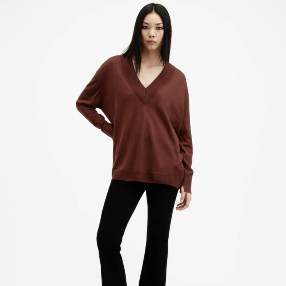 AllSaints Bern V-Neck Wool Sweater In SUGAR BROWN